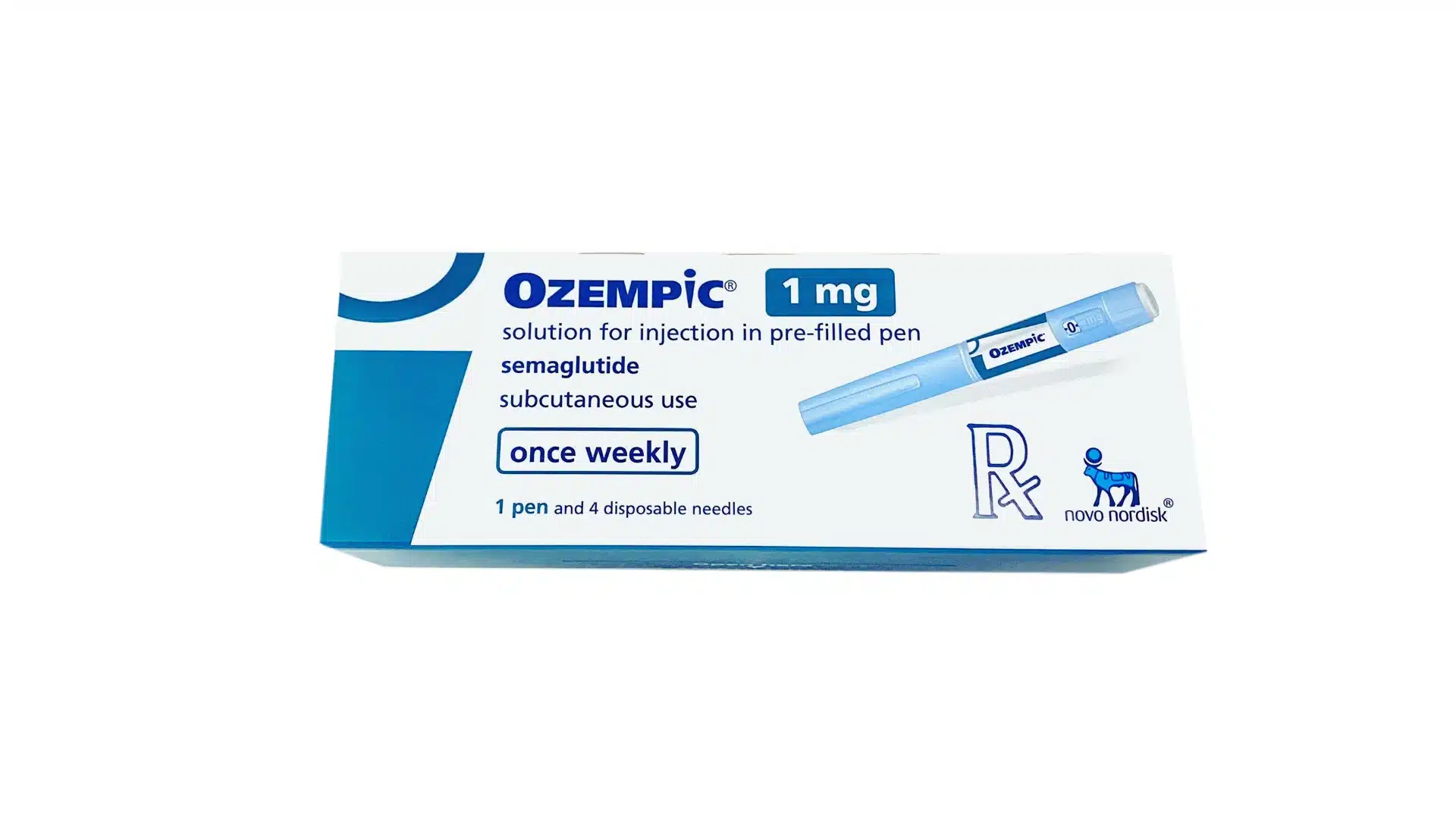 Afbeelding van een Ozempic-pen en verpakking, gebruikt voor onderzoek naar diabetesbehandeling en gewichtsbeheersing.